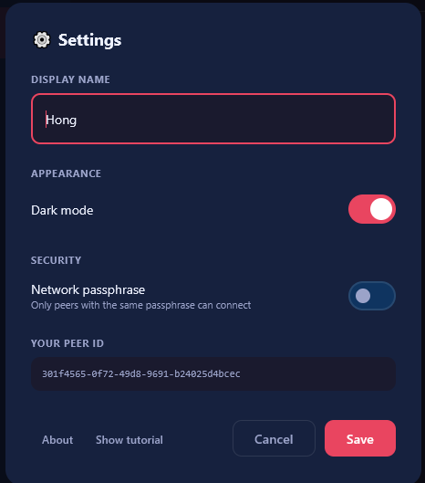 NoCloud Chat settings screen