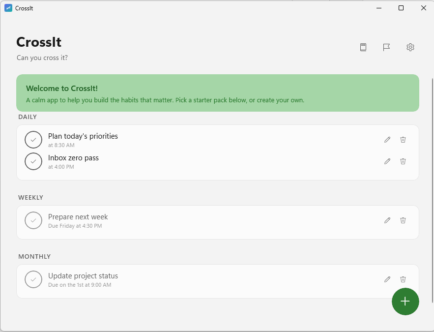 CrossIt starter pack setup screen for quick habit configuration