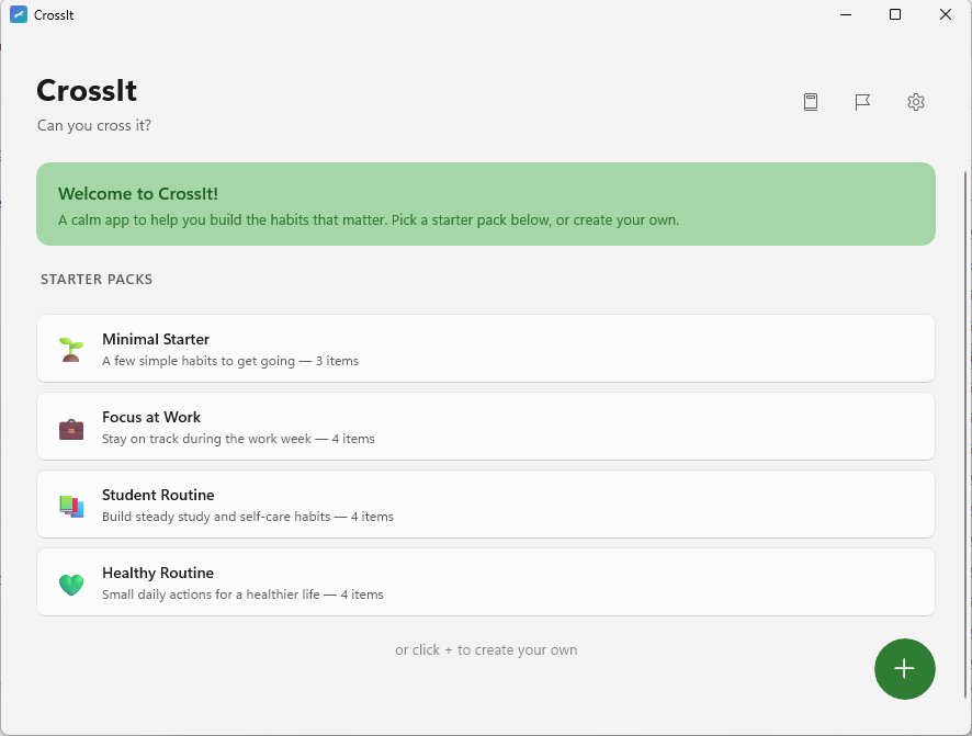 CrossIt main window showing recurring habits in a clean overview