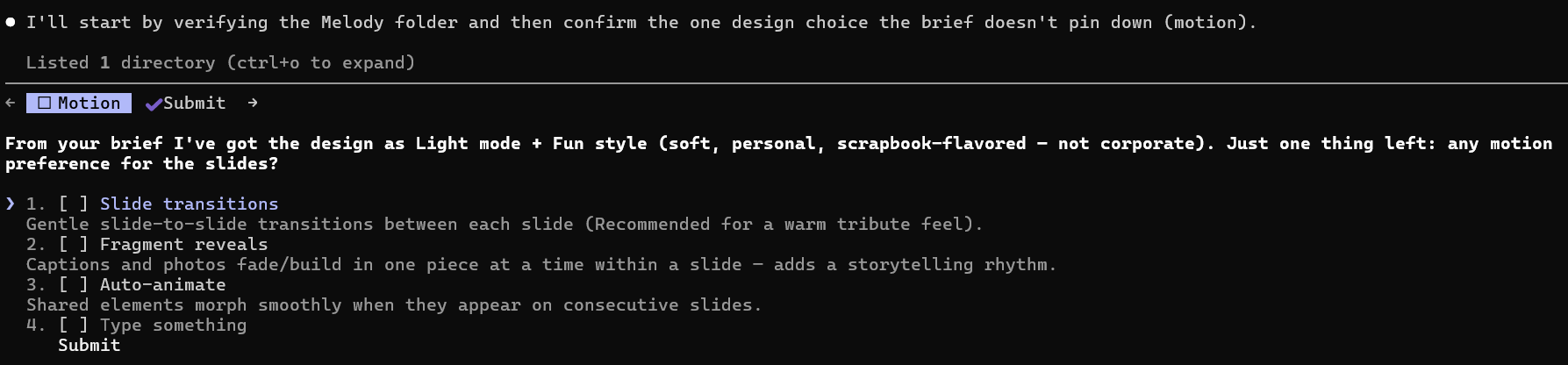 Deckmark agent confirming design choices: Light mode and Fun style detected from the brief, asking the user to choose a motion preference between slide transitions, fragment reveals, and auto-animate