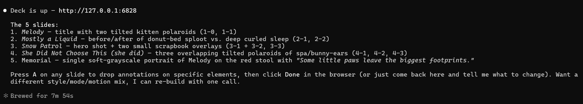 Deckmark deck ready for review: localhost URL, a 5-slide outline summarizing each slide's content, plus instructions to press A in the browser to annotate or come back to the agent with feedback