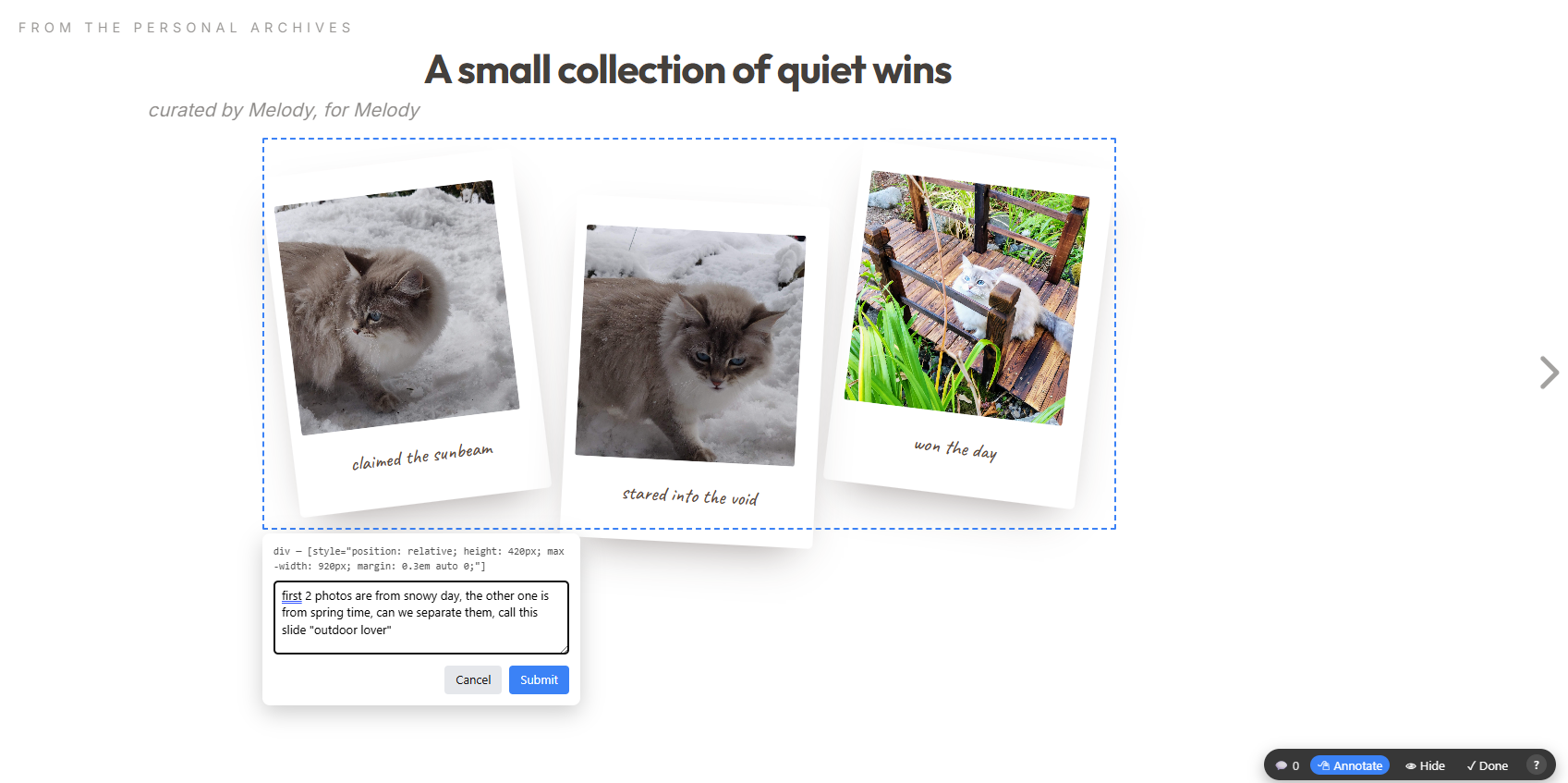 Deckmark annotation overlay on a slide with three captioned polaroid frames, with an open popover under the leftmost frame showing a comment about changing the caption text