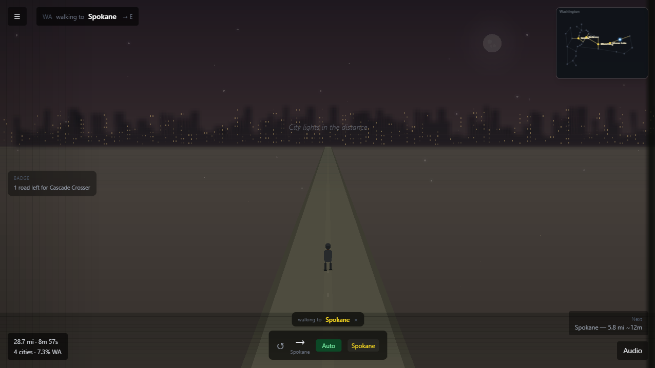A walking scene in NearbyGame: open road, ambient world