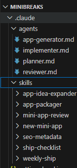 MiniBreaks repository structure showing AI agents and skills folders