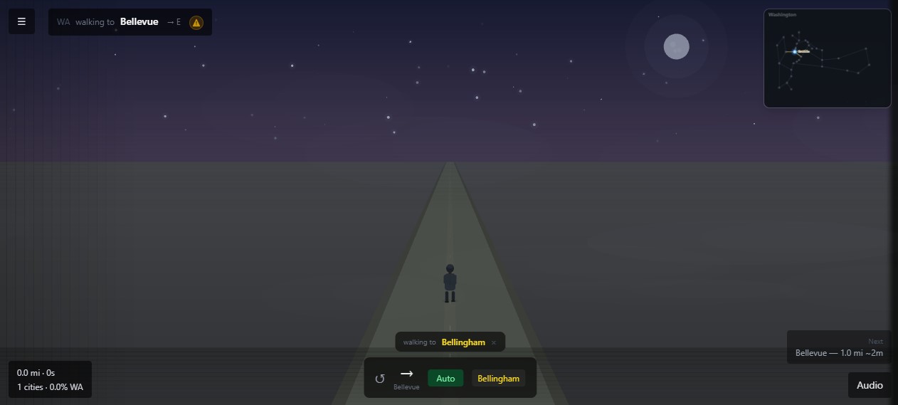 The new NearbyGame walking interface with a foggy road, navigation HUD, and quiet ambient atmosphere