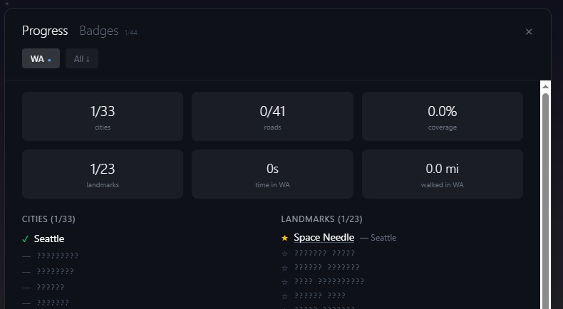 NearbyGame progression panel showing discovered cities, landmarks, roads, coverage, and walked distance