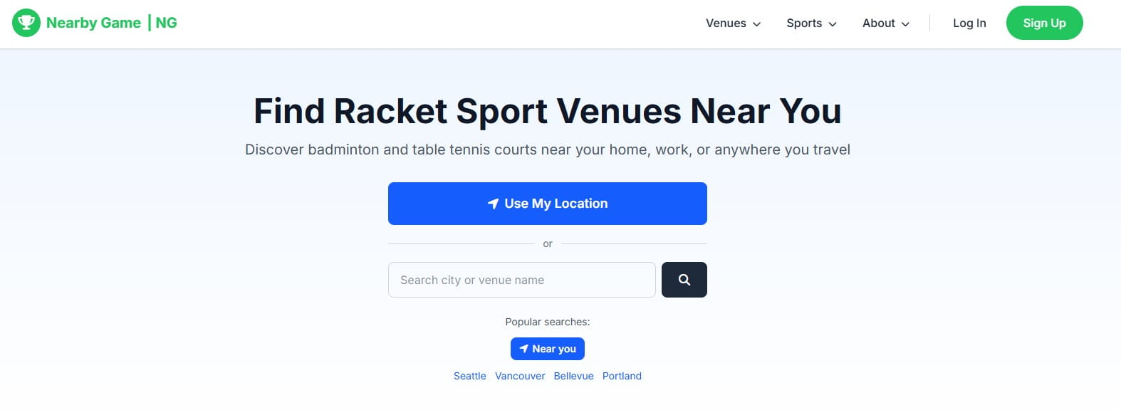 The original NearbyGame landing page focused on discovering racket sport venues nearby